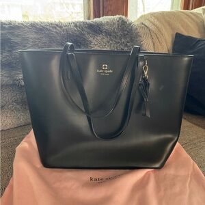 kate spade Black Leather Tote with Gold Logo Accent